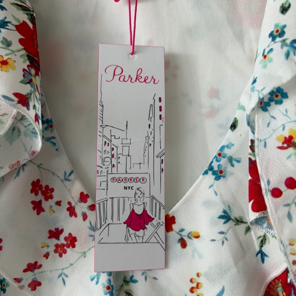 NWT Parker Sz S White Spring Ditsy Floral Cold Shoulder Lined Mini Ruffle  Dress - Picture 4 of 10